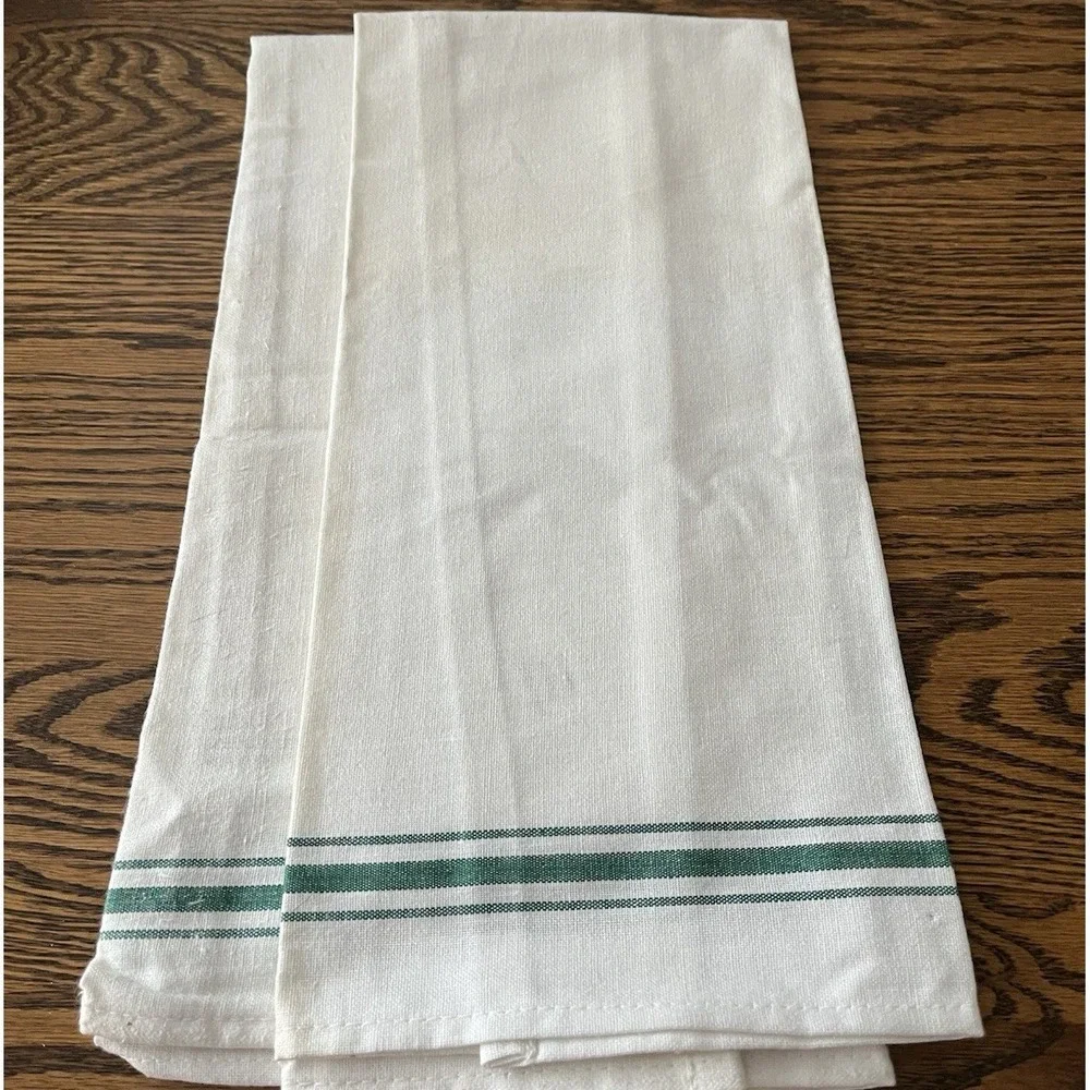 2 Kitchen Tea Hand Towels Light Cotton Green & White Stripes Pakistan 26 x 15